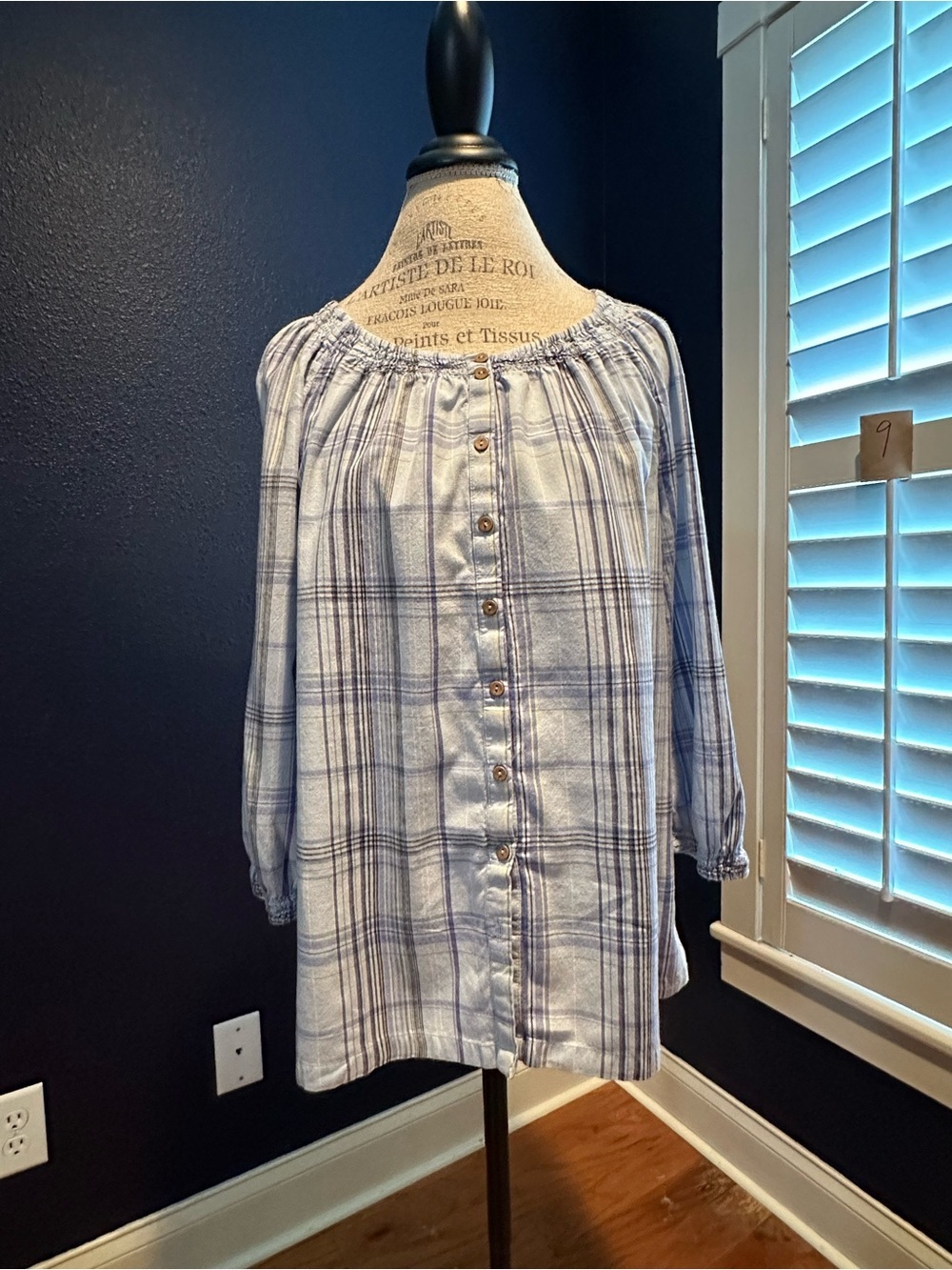 Kim Rogers Light Blue and White Plaid Off-Shoulder Top